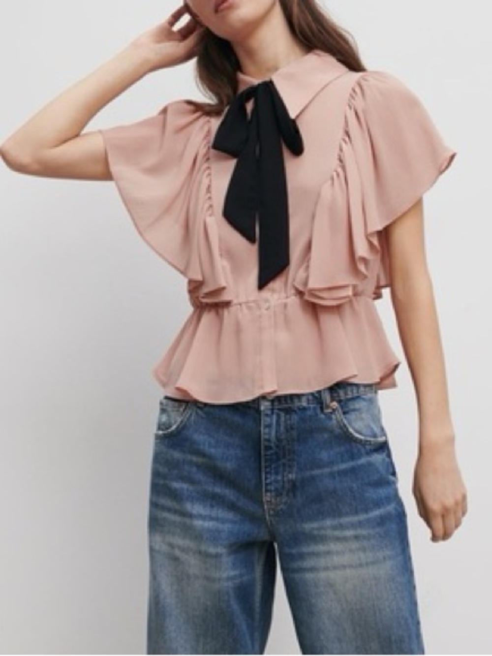 Zara Dusty Pink Bow Tie Ruffle Blouse